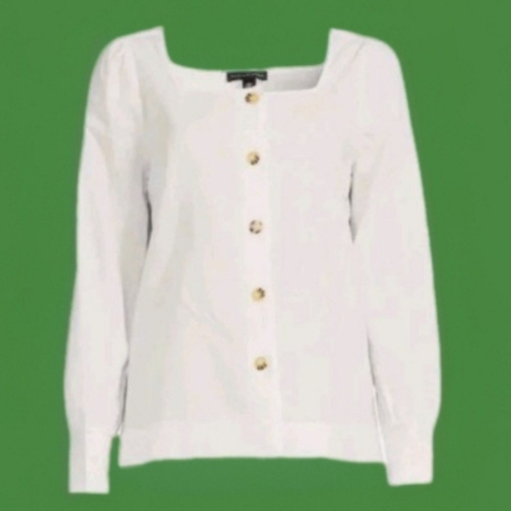 NEW SAKS FIFTH AVENUE Exclusivity Linen Blend Blouse Shirt Squareneck sz S White - Picture 6 of 15